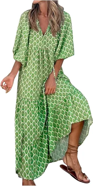 Maxi Dresses for Women 2025 Summer Casual Loose Fit Long Bohemian Dress Geometric Half Sleeve Tiered Flowy Maxi Dresses