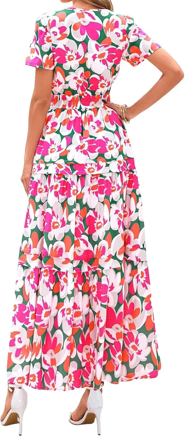 Maxi Dresses for Women V Neck Boho Dress Ruffle Dresses High Waist Floral Tiered Sundress Summer Beach Vacation Dress