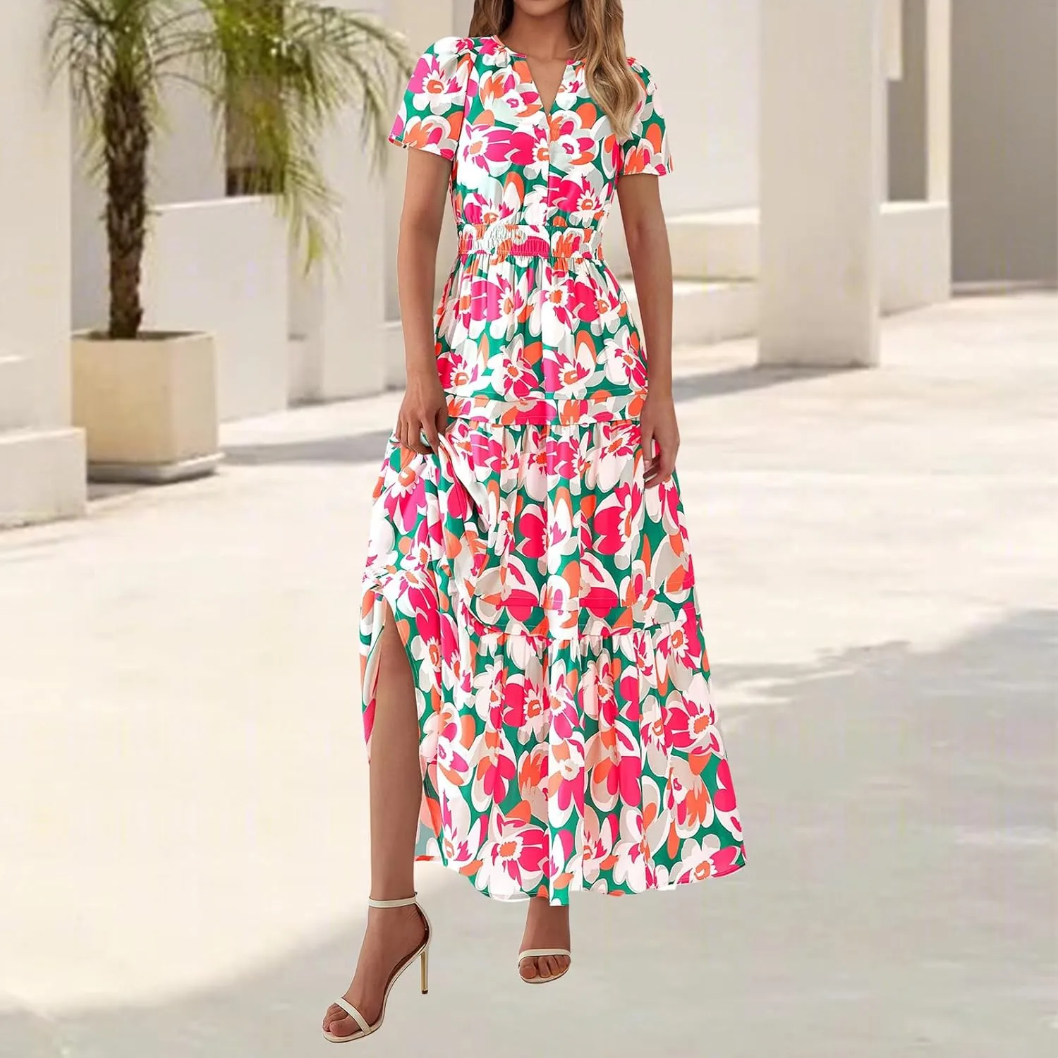 Maxi Dresses for Women V Neck Boho Dress Ruffle Dresses High Waist Floral Tiered Sundress Summer Beach Vacation Dress