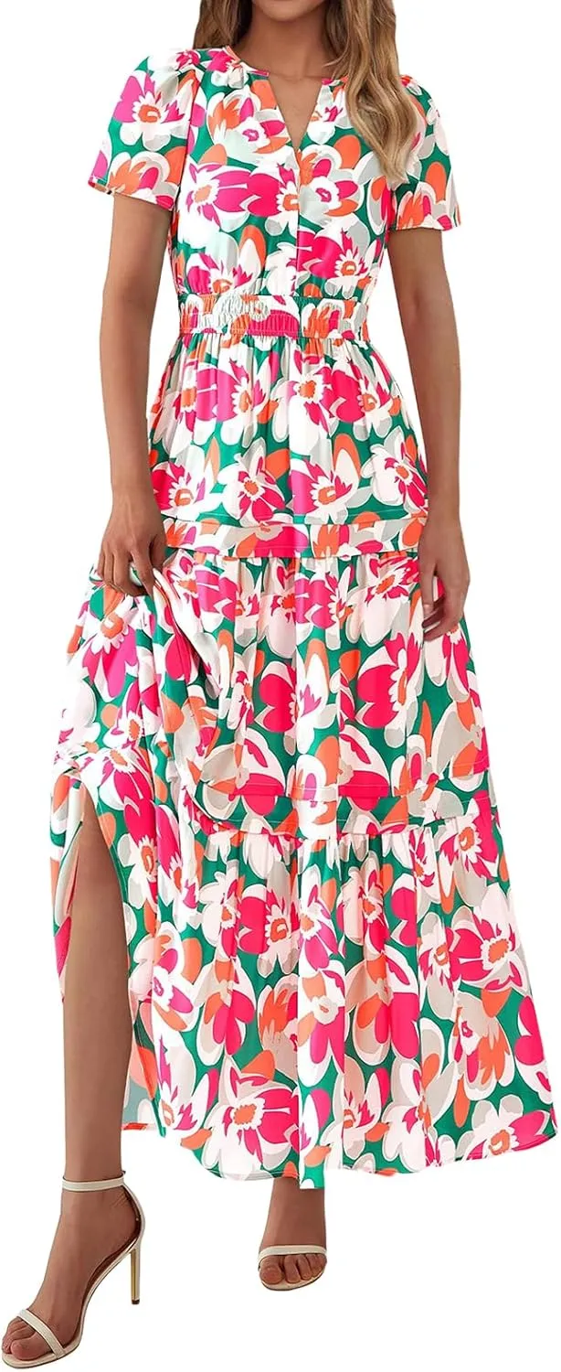Maxi Dresses for Women V Neck Boho Dress Ruffle Dresses High Waist Floral Tiered Sundress Summer Beach Vacation Dress