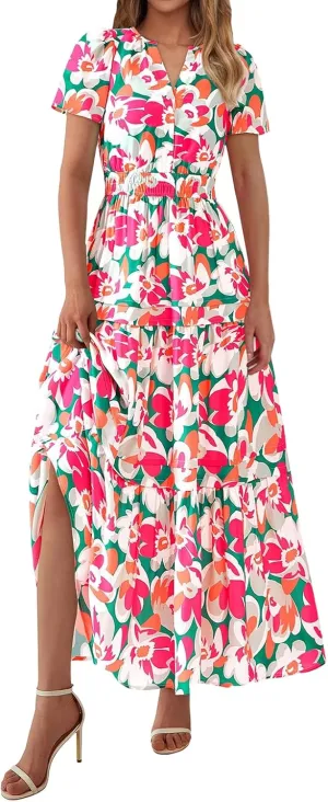 Maxi Dresses for Women V Neck Boho Dress Ruffle Dresses High Waist Floral Tiered Sundress Summer Beach Vacation Dress