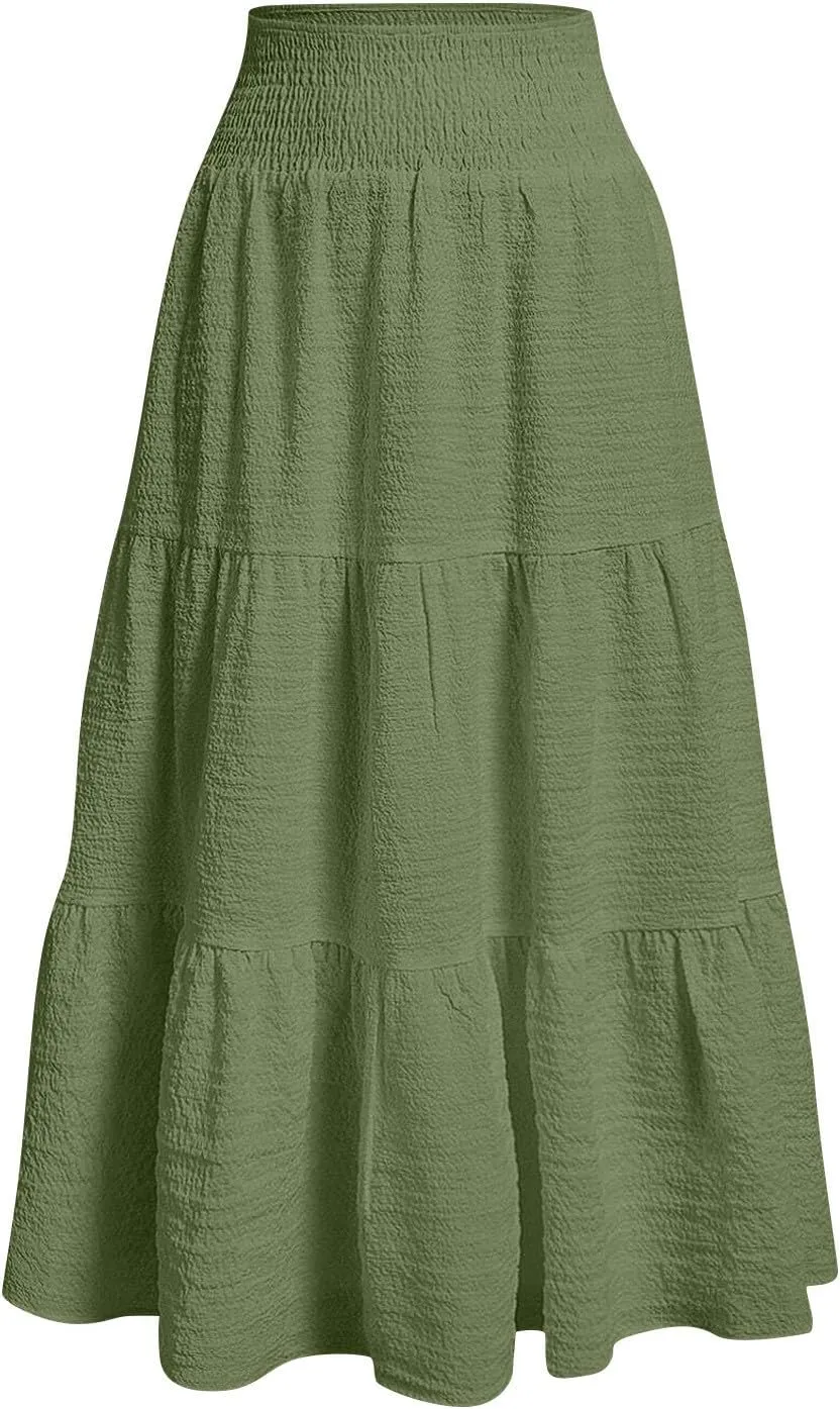 Maxi Skirts for Women 2025 Long Flowy Tiered Ruffle Linen Skirt Beach Summer A-Line Elastic High Waisted Skirts