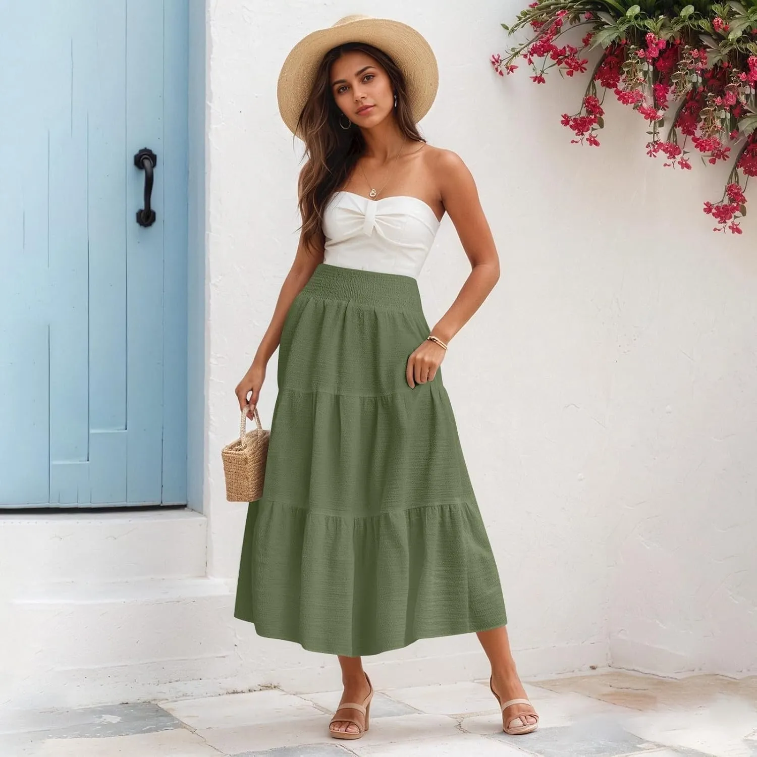 Maxi Skirts for Women 2025 Long Flowy Tiered Ruffle Linen Skirt Beach Summer A-Line Elastic High Waisted Skirts