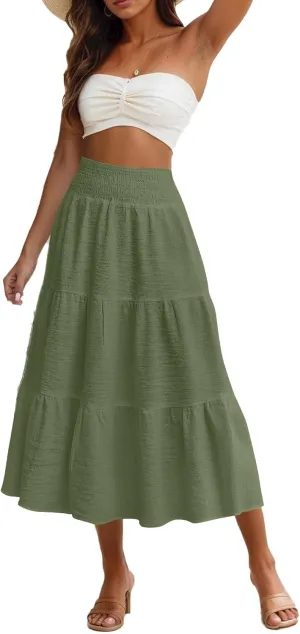 Maxi Skirts for Women 2025 Long Flowy Tiered Ruffle Linen Skirt Beach Summer A-Line Elastic High Waisted Skirts