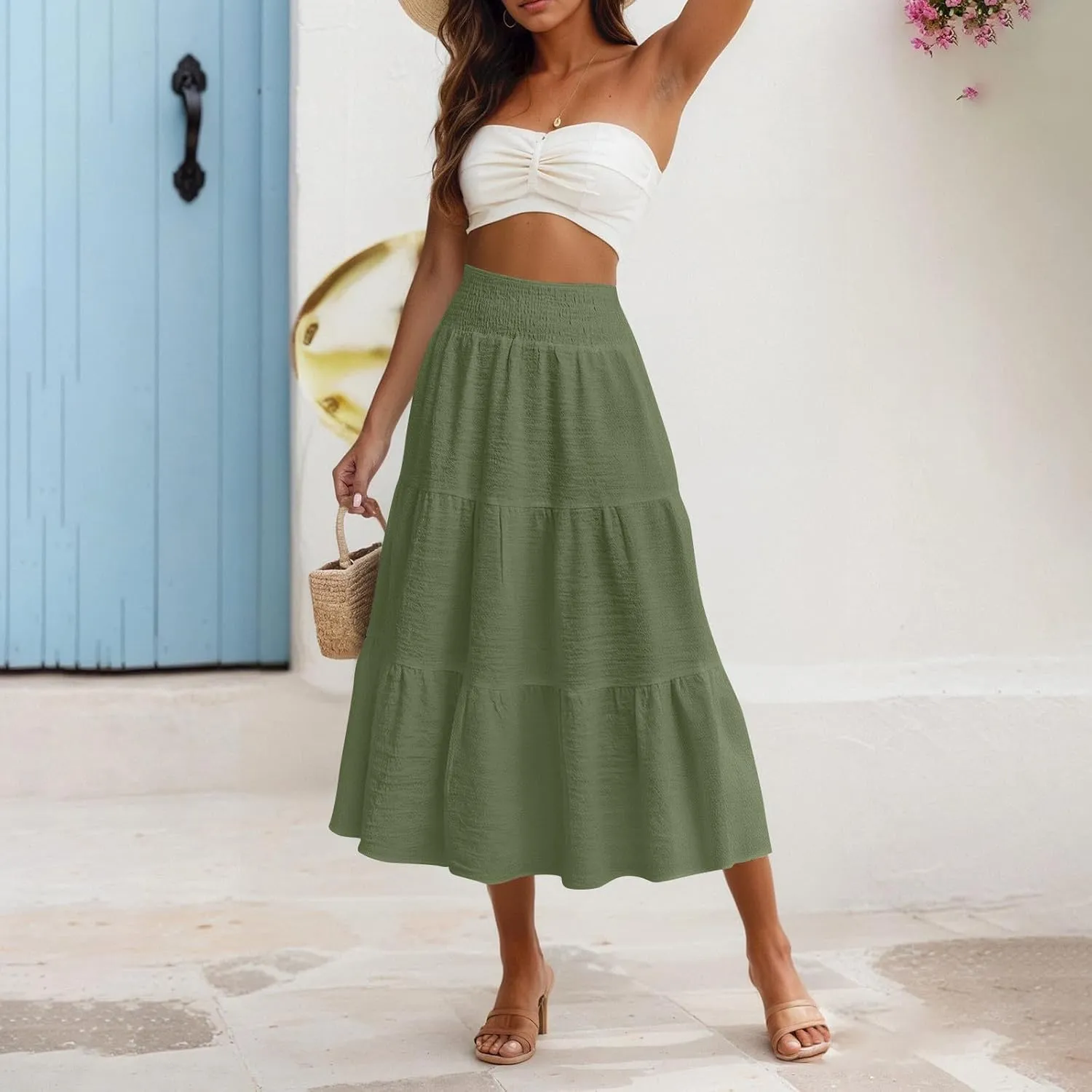 Maxi Skirts for Women 2025 Long Flowy Tiered Ruffle Linen Skirt Beach Summer A-Line Elastic High Waisted Skirts