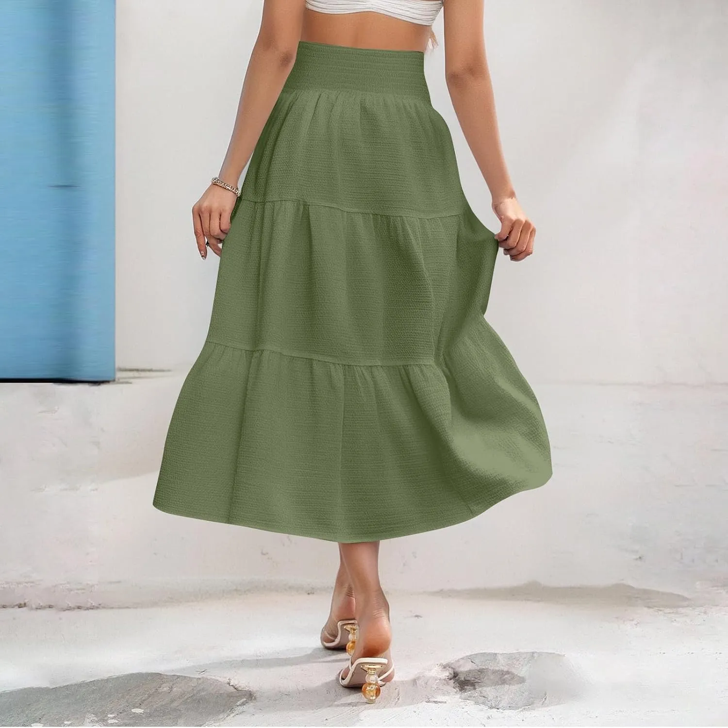 Maxi Skirts for Women 2025 Long Flowy Tiered Ruffle Linen Skirt Beach Summer A-Line Elastic High Waisted Skirts