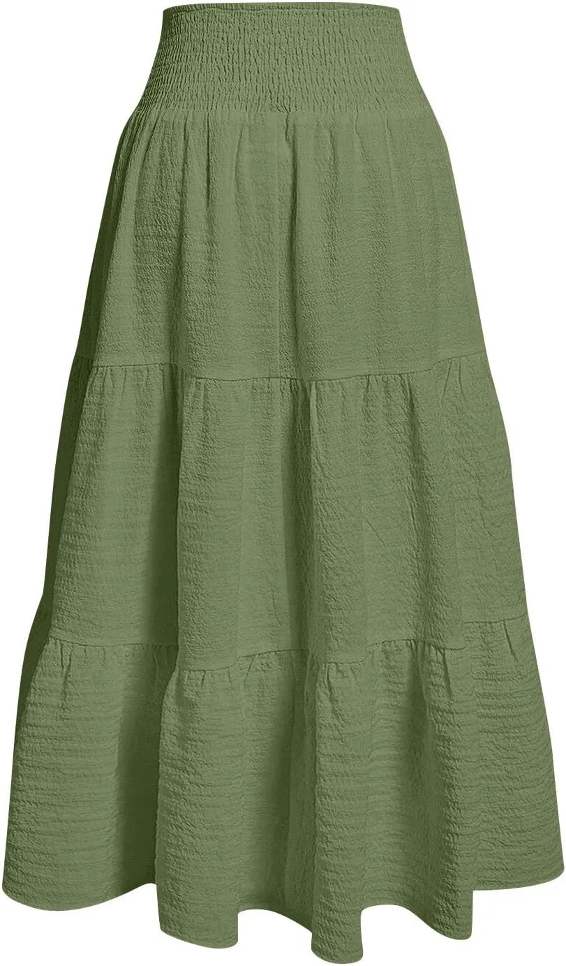 Maxi Skirts for Women 2025 Long Flowy Tiered Ruffle Linen Skirt Beach Summer A-Line Elastic High Waisted Skirts