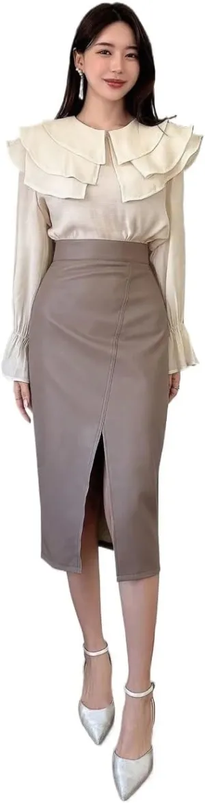 Maxi Skirts for Women High Waist Slit PU Leather Skirt