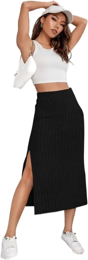 Maxi Skirts for Women Slit Midi High Waist Black Plain Skirts