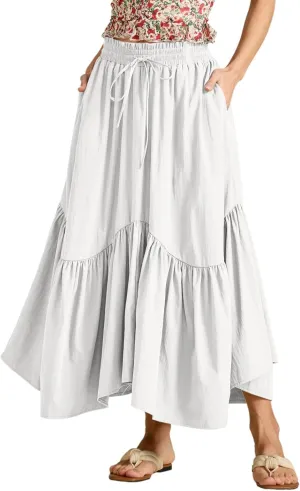 Maxi Skirts for Women Summer Boho Flowy Swing Ruffle Tiered A-Line Drawstring Elastic Waist Pleated Long Skirt Dress