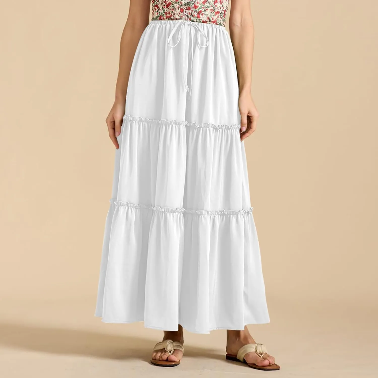 Maxi Skirts for Women Tiered Long Skirts Pleated A Line Adjustable Elastic Waist with Drawstring Flowy Long Graduation Skirt