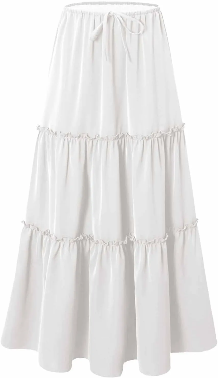 Maxi Skirts for Women Tiered Long Skirts Pleated A Line Adjustable Elastic Waist with Drawstring Flowy Long Graduation Skirt