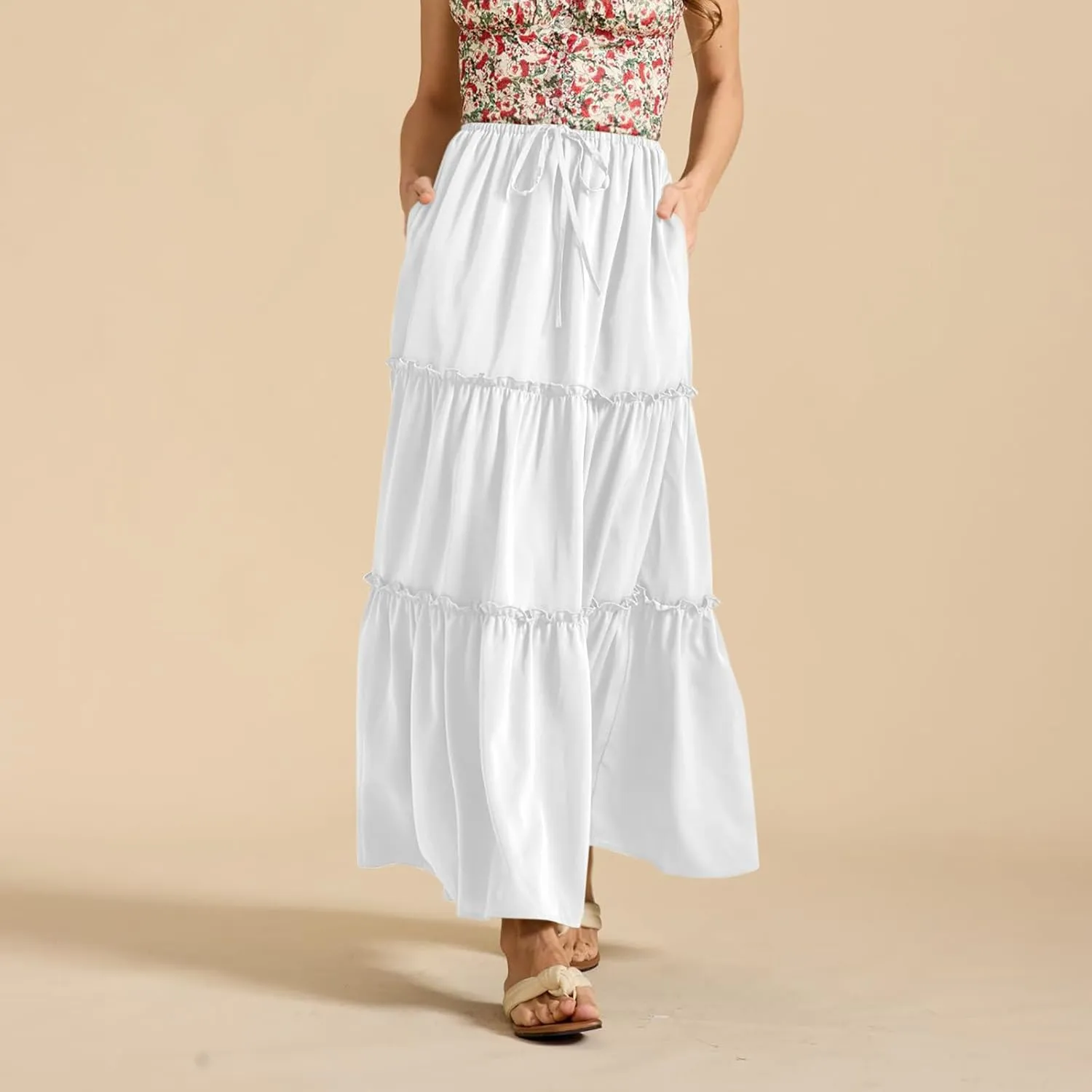 Maxi Skirts for Women Tiered Long Skirts Pleated A Line Adjustable Elastic Waist with Drawstring Flowy Long Graduation Skirt