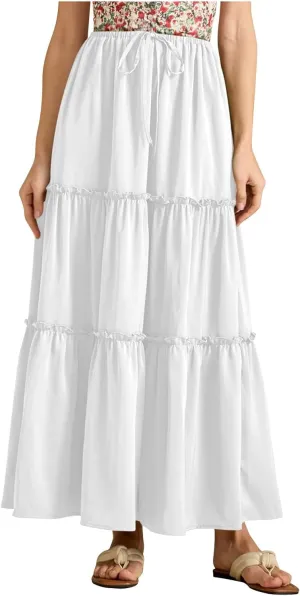 Maxi Skirts for Women Tiered Long Skirts Pleated A Line Adjustable Elastic Waist with Drawstring Flowy Long Graduation Skirt