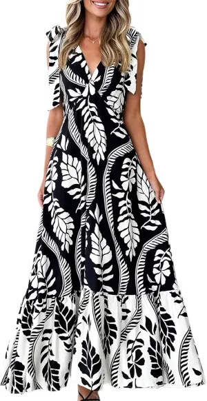 Meiweileya Y2k Tie Shoulder Strap Smocked Maxi Dress for Women Flower Print Ruffle Long Boho Beach Summer Sundress 2025