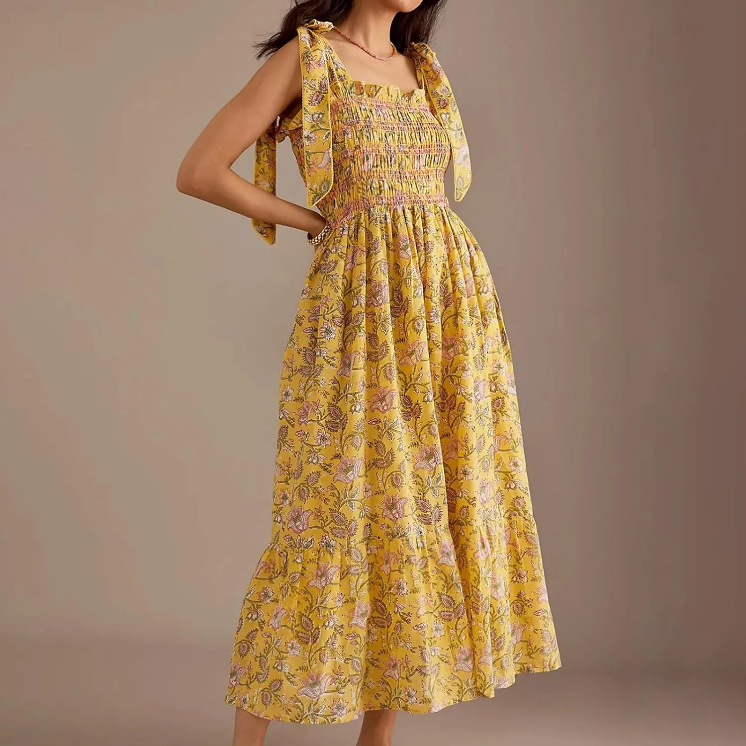 Meiweileya Y2k Tie Shoulder Strap Smocked Maxi Dress for Women Flower Print Ruffle Long Boho Beach Summer Sundress 2025