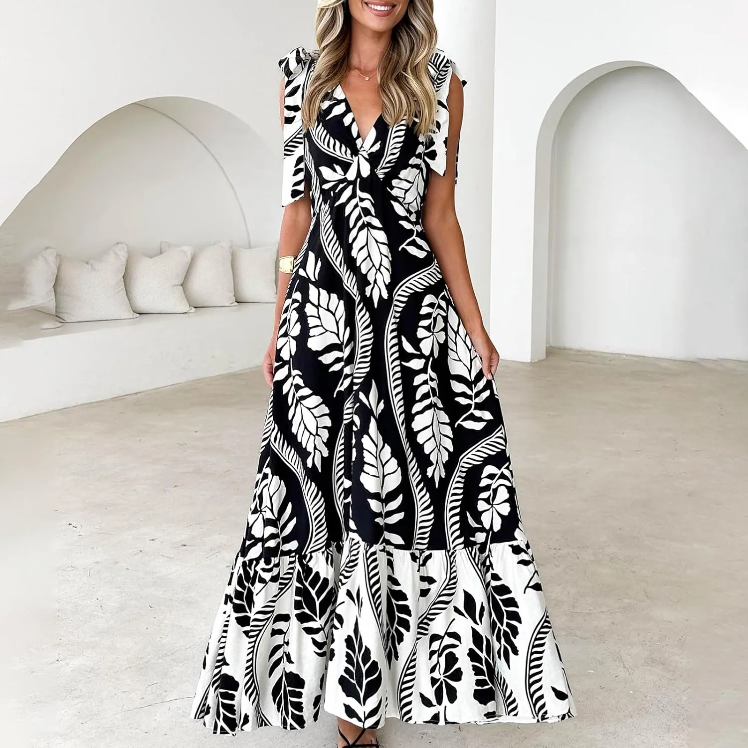 Meiweileya Y2k Tie Shoulder Strap Smocked Maxi Dress for Women Flower Print Ruffle Long Boho Beach Summer Sundress 2025