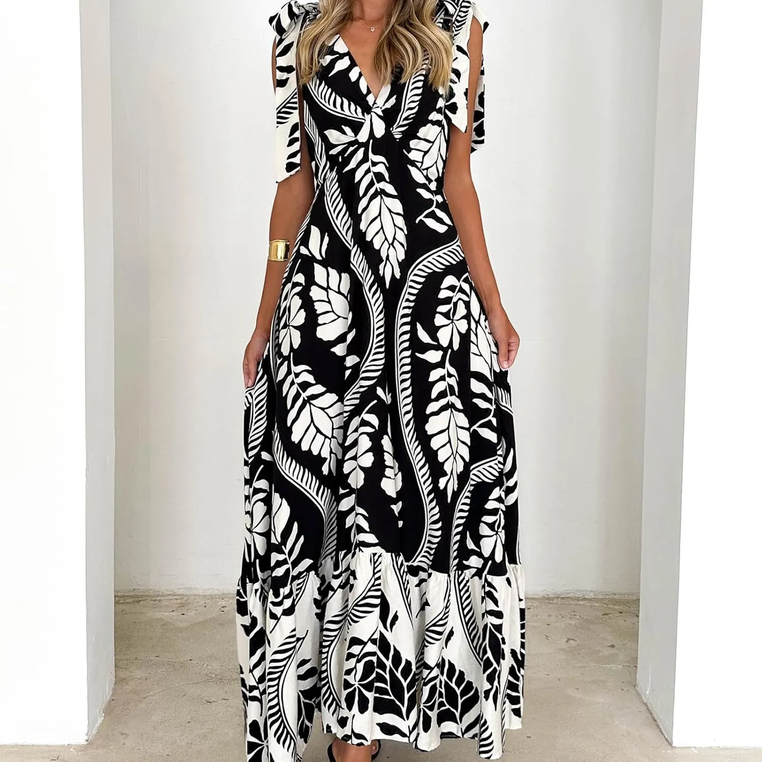Meiweileya Y2k Tie Shoulder Strap Smocked Maxi Dress for Women Flower Print Ruffle Long Boho Beach Summer Sundress 2025