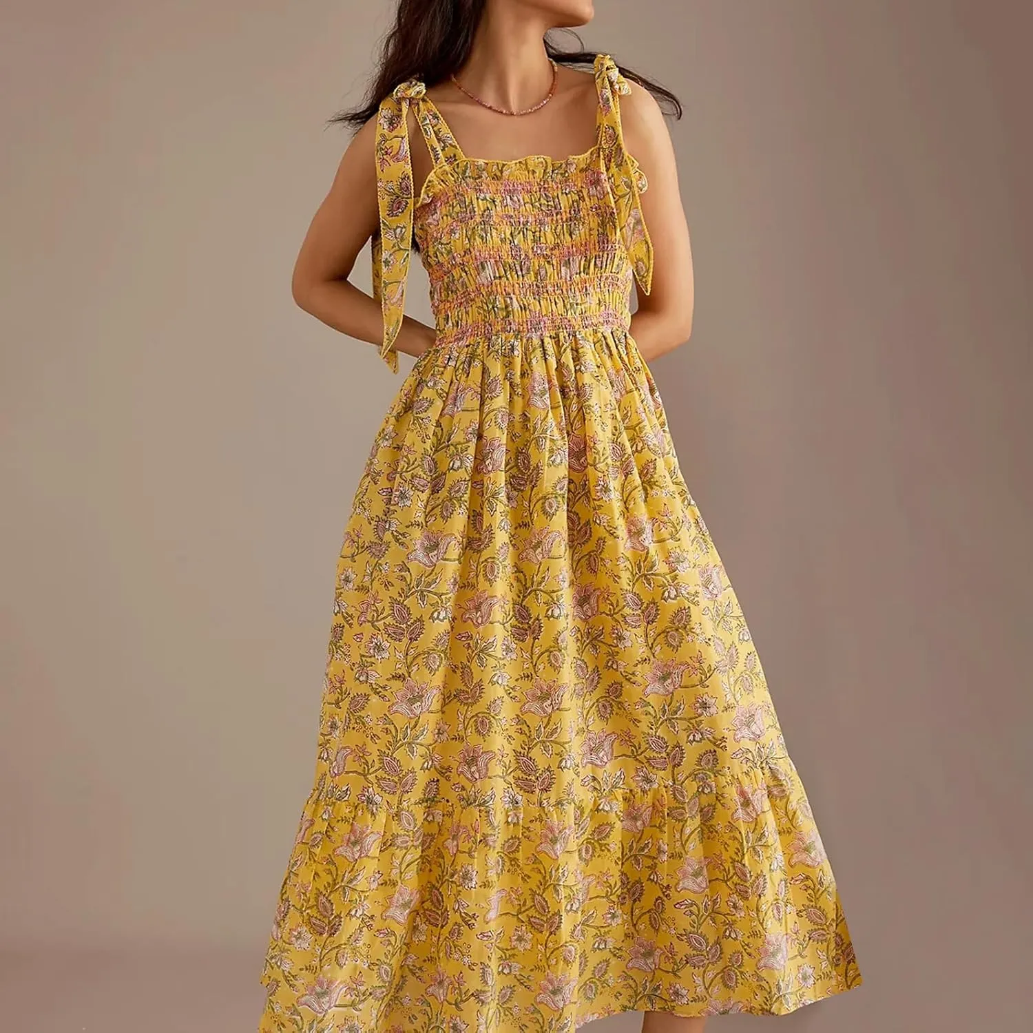 Meiweileya Y2k Tie Shoulder Strap Smocked Maxi Dress for Women Flower Print Ruffle Long Boho Beach Summer Sundress 2025