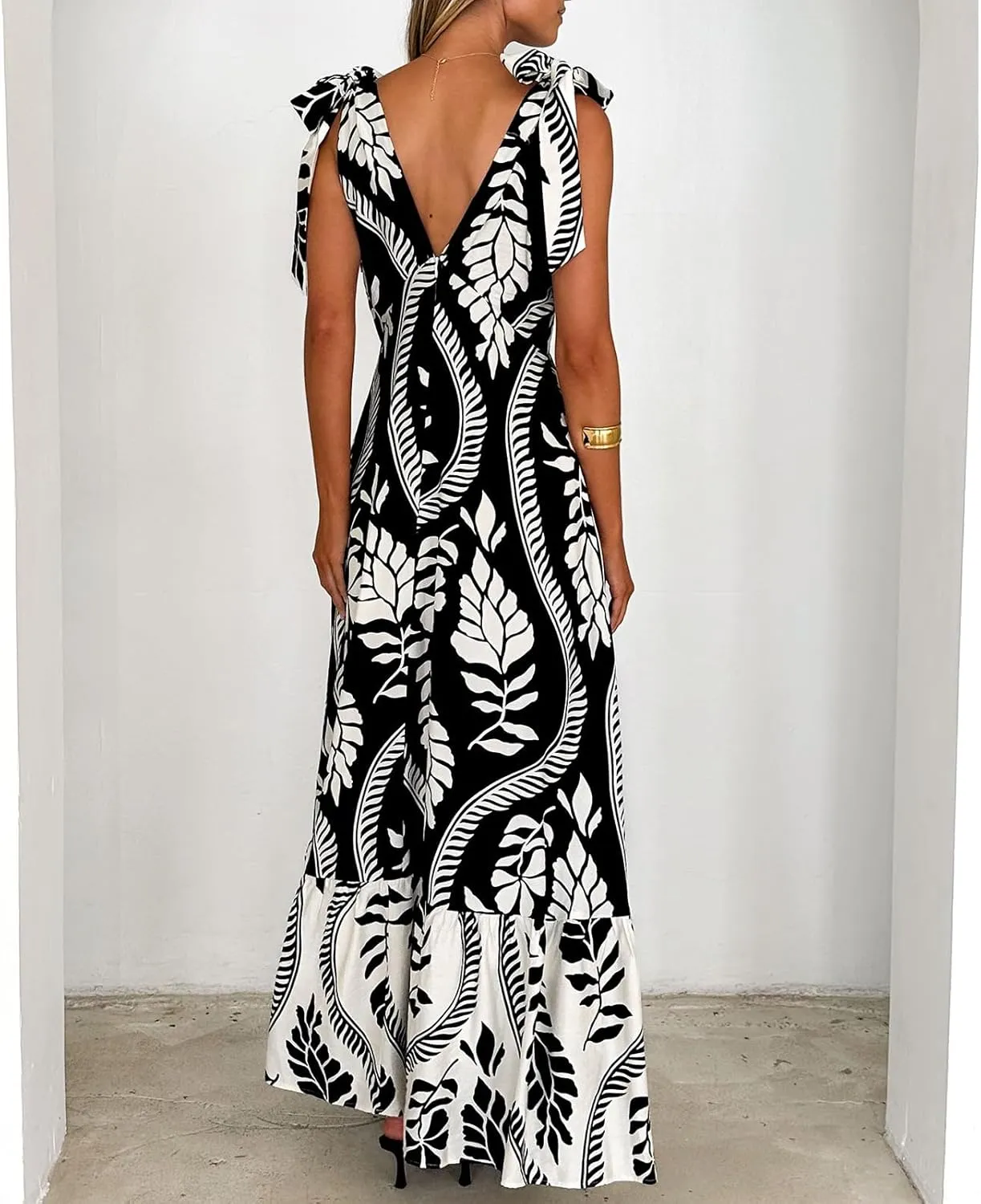 Meiweileya Y2k Tie Shoulder Strap Smocked Maxi Dress for Women Flower Print Ruffle Long Boho Beach Summer Sundress 2025