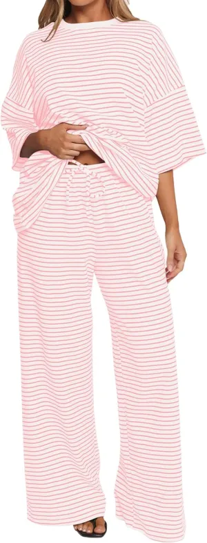 Meladyan Women 2 Piece Lounge Set Striped Knit Short Sleeve Tee Shirt and Wide Leg Pants Casual Matching Sets