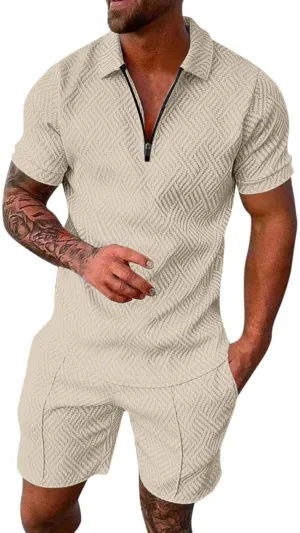 Men's 2 Piece Summer Beach Outfits Quarter Zip T Shirts Short Set Solid Color Big and Tall Comfort Sport Suit