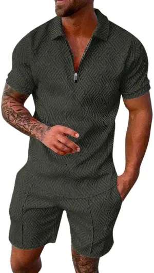 Men's 2 Piece Summer Beach Outfits Quarter Zip T Shirts Short Set Solid Color Big and Tall Comfort Sport Suit