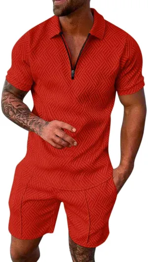 Men's 2 Piece Summer Beach Outfits Quarter Zip T Shirts Short Set Solid Color Big and Tall Comfort Sport Suit