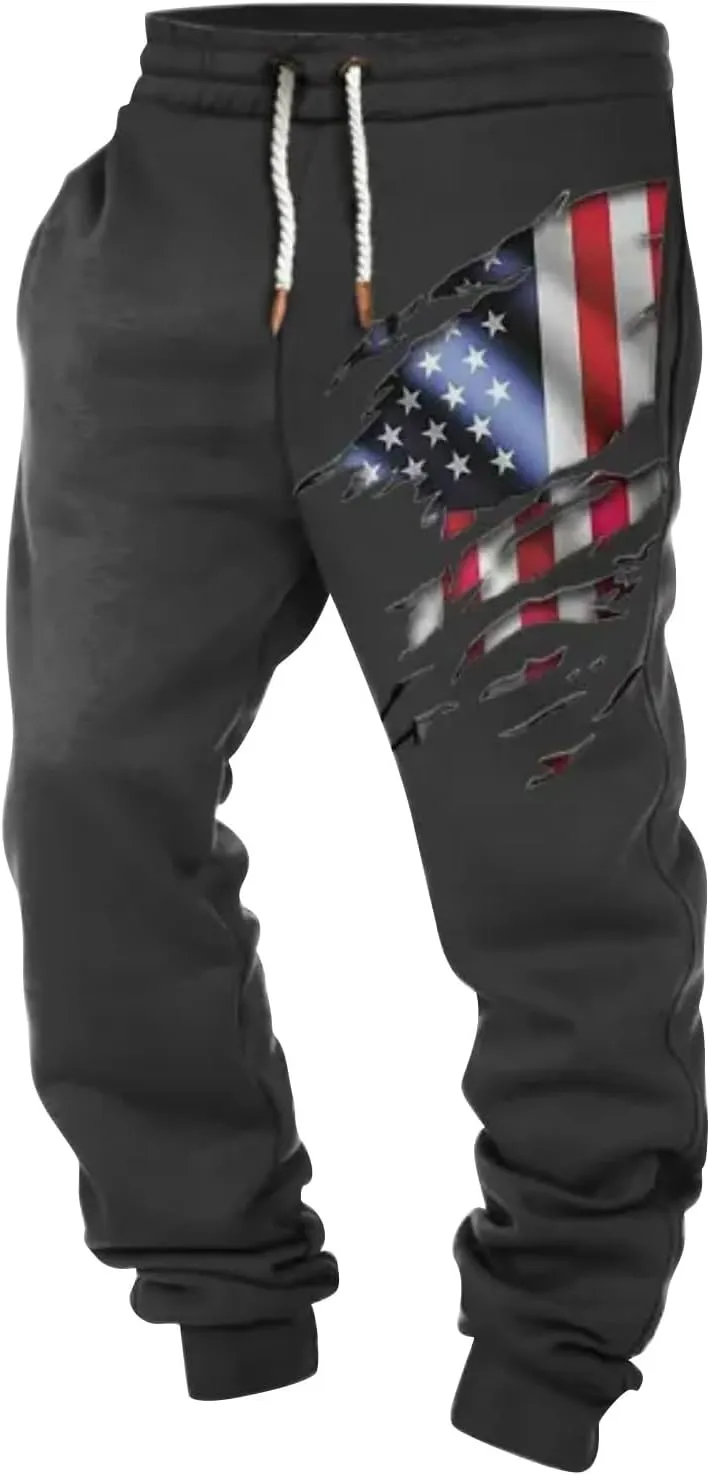 Men's Baggy Sweatpants Casual Drawstring Elastic Waist Aztec Sports Pocket Flag Graphic Street Cuffed Joggers Pants