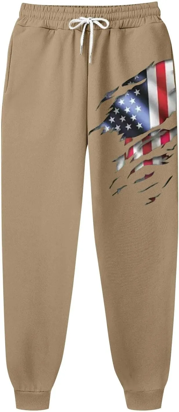 Men's Baggy Sweatpants Casual Drawstring Elastic Waist Aztec Sports Pocket Flag Graphic Street Cuffed Joggers Pants