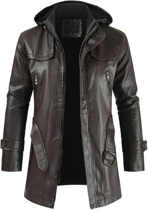 Men's Belt Hooded PU Leather Jacket Fall Winter Motorcycle Bomber Jacket Vintage Mid Length Casual Biker Coat