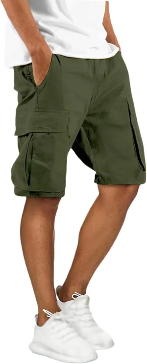 Men's Cargo Shorts Elastic Waist Tactical Shorts Solid Stretchy Jogging Pants Lightweight Straight Pants with Pockets