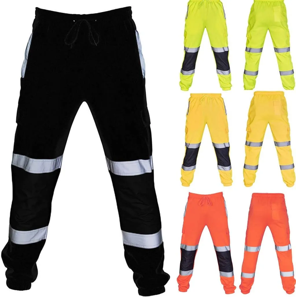 Mens Casual Cargo Pants Hi Vis Viz Reflective Overalls High Visibility Safe Work Pants Outdoor Hiking Trousers Big and Tall