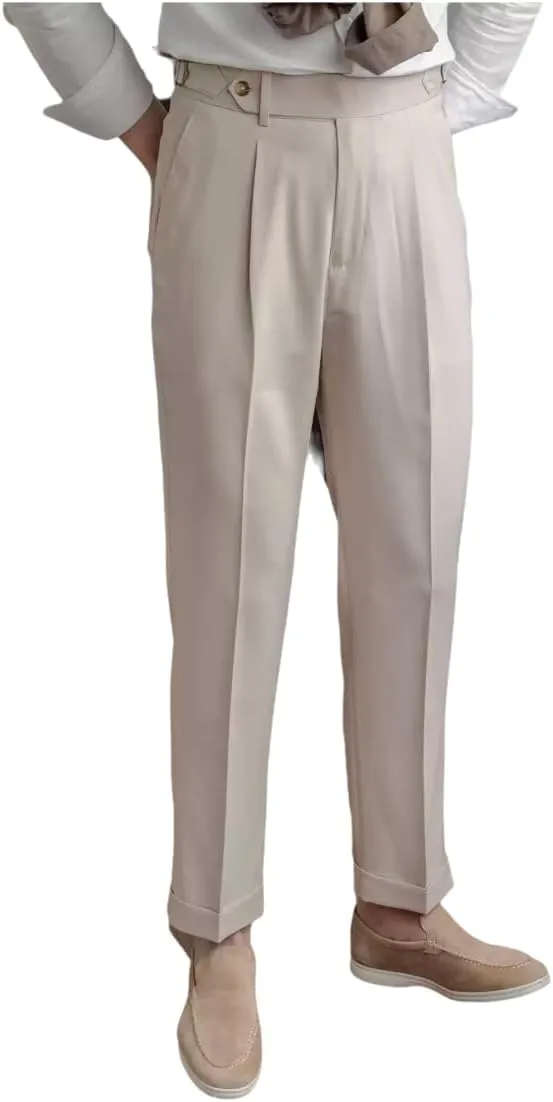 Men's Classic Pleated Dress Pants High-Waist Linen Blend Formal Business Slacks Light Breathable Casual Summer