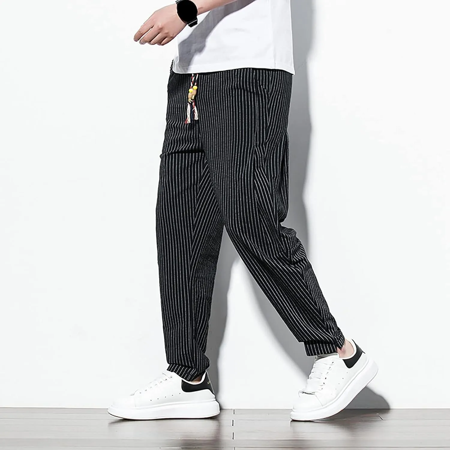 Mens Cotton Linen Striped Pants Casual Drawstring Elastic Waist Pleated Straight Leg Joggers Beach Hippie Harem Yoga Trousers