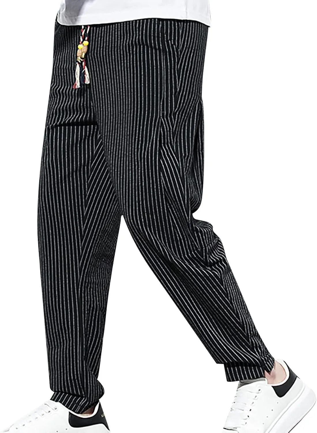Mens Cotton Linen Striped Pants Casual Drawstring Elastic Waist Pleated Straight Leg Joggers Beach Hippie Harem Yoga Trousers
