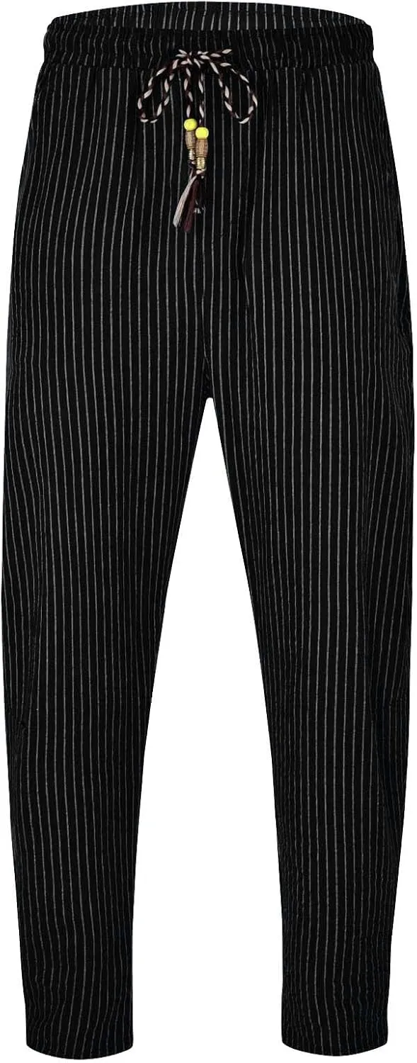 Mens Cotton Linen Striped Pants Casual Drawstring Elastic Waist Pleated Straight Leg Joggers Beach Hippie Harem Yoga Trousers