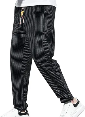 Mens Cotton Linen Striped Pants Casual Drawstring Elastic Waist Pleated Straight Leg Joggers Beach Hippie Harem Yoga Trousers