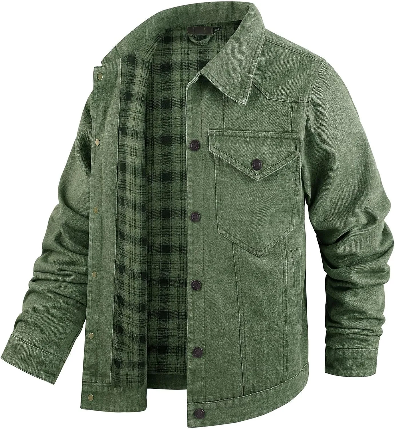 Mens Flannel Lined Denim Jacket Cowboy Cut with Snap Buttons Western Classic, Heavy Duty Trucker Coat, Slim Fit