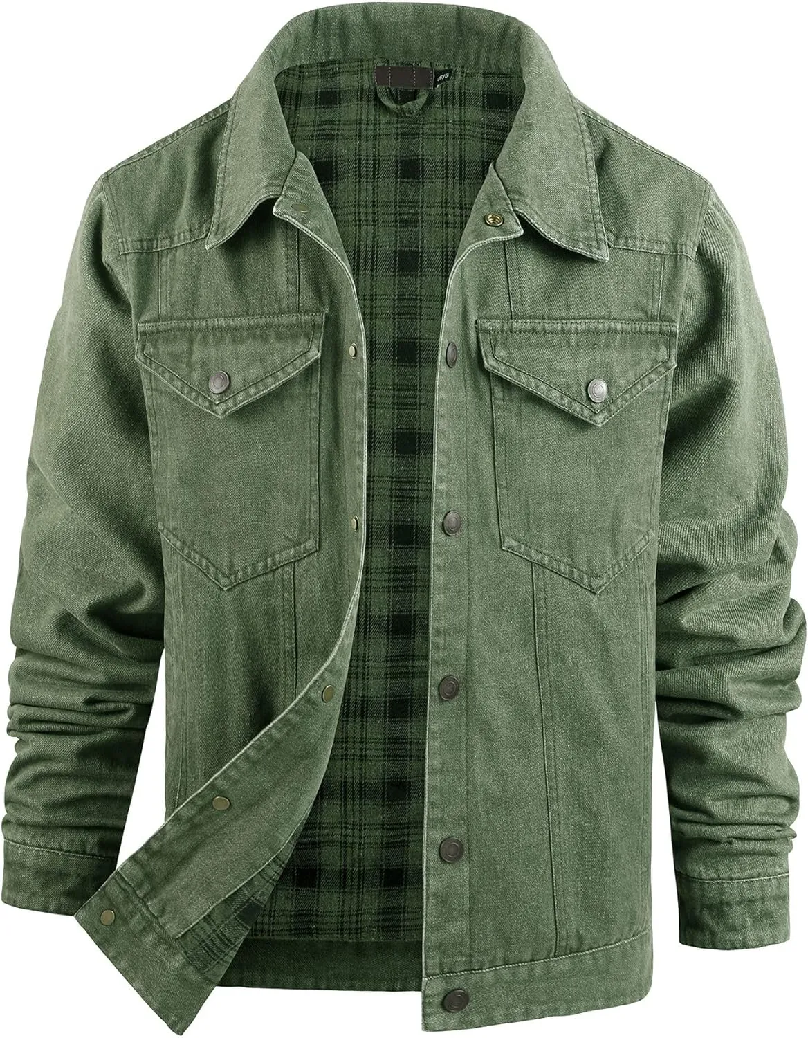 Mens Flannel Lined Denim Jacket Cowboy Cut with Snap Buttons Western Classic, Heavy Duty Trucker Coat, Slim Fit