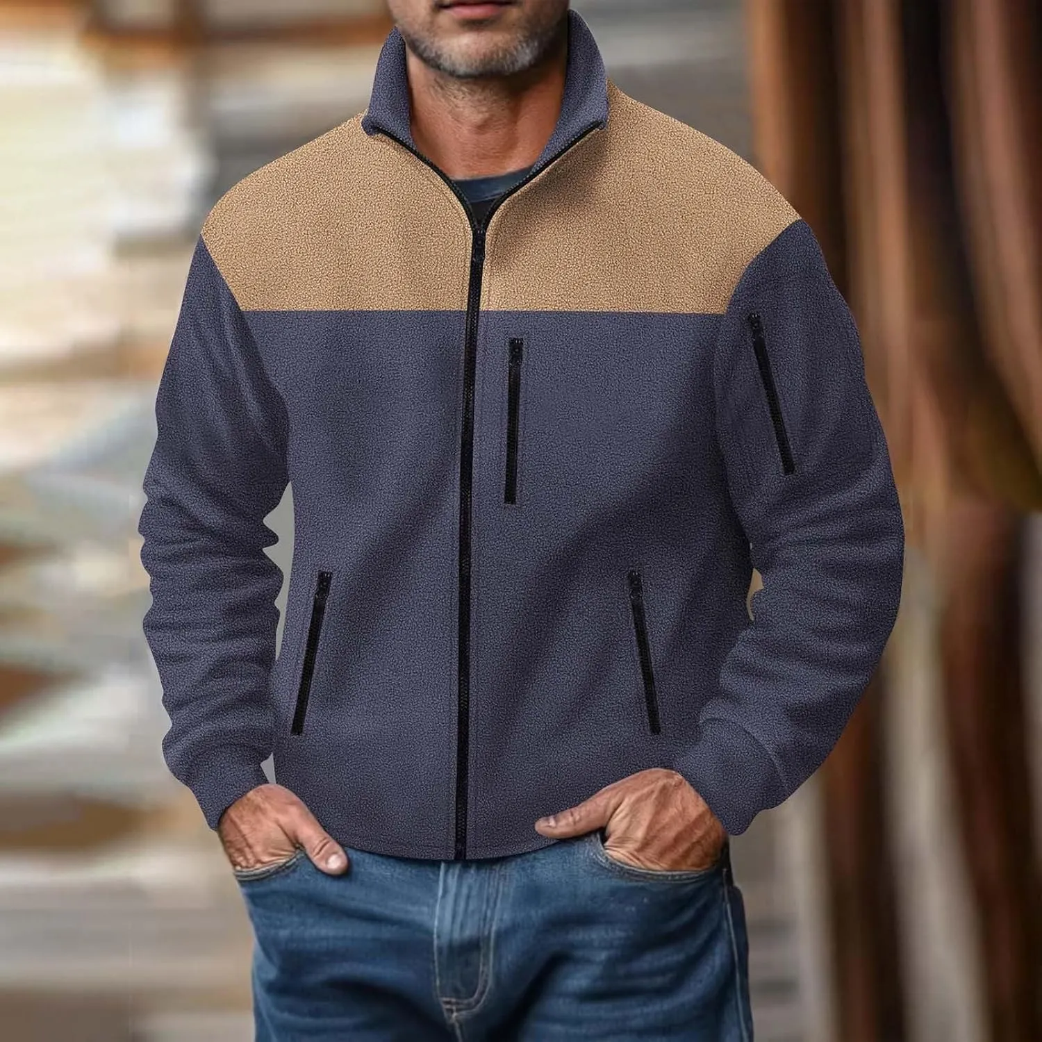 Men's Fleece Jackets Full Zip Lightweight Outdoor Hiking Jackets with Pockets Winter Casual Long Sleeve Warm Outwear