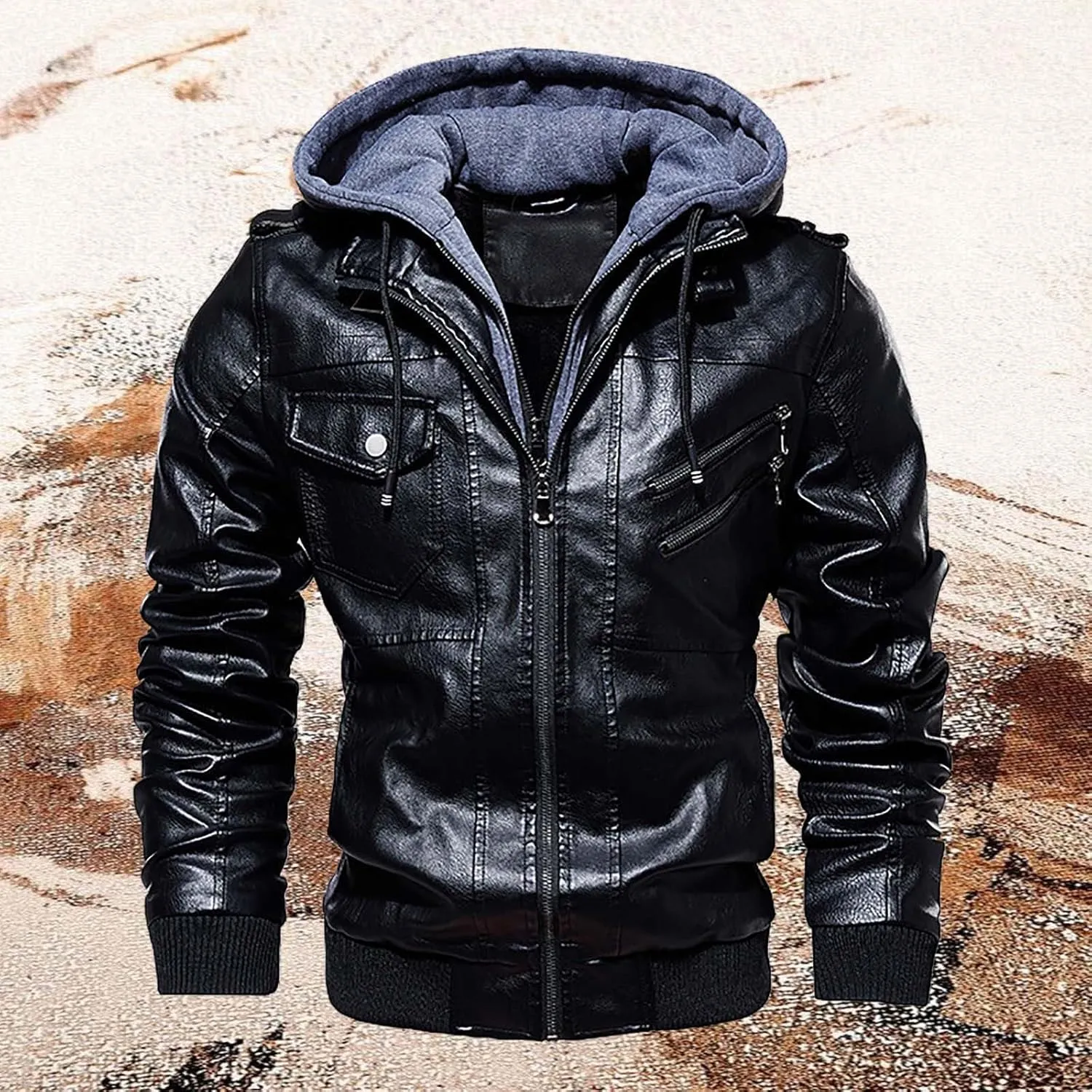 Men's Lightweight Waterproof Hooded Leather Jacket Lightweight Lightweight Jackets Windbreaker Fleece Lined Western Coat