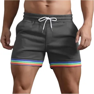 Mens Pride-Shorts Summer Fashion Solid Color Rainbow Stripe Pocket Drawstring Casual Loose Sports Gym Shorts