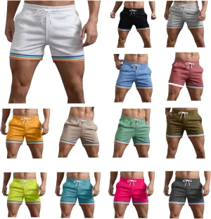 Mens Pride-Shorts Summer Fashion Solid Color Rainbow Stripe Pocket Drawstring Casual Loose Sports Gym Shorts