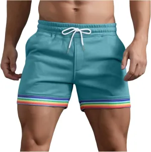 Mens Pride-Shorts Summer Fashion Solid Color Rainbow Stripe Pocket Drawstring Casual Loose Sports Gym Shorts