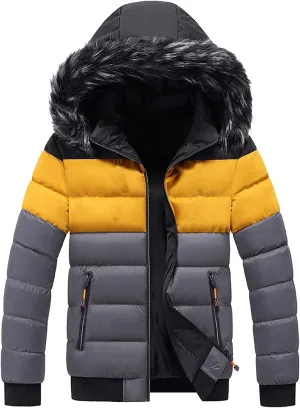 Mens Puffer Jacket with Removable Fur Hooded Bubble Coats with Pockets Lightweight Padded Jackets Patchwork Jacket
