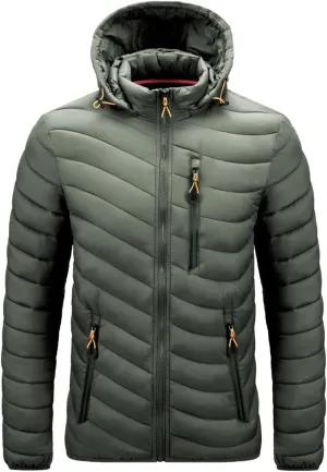 Mens Puffer Jacket Zip Up Bubble Insulated Jacket with Detachable Hood, Packable Lightweight Puffy Jacket