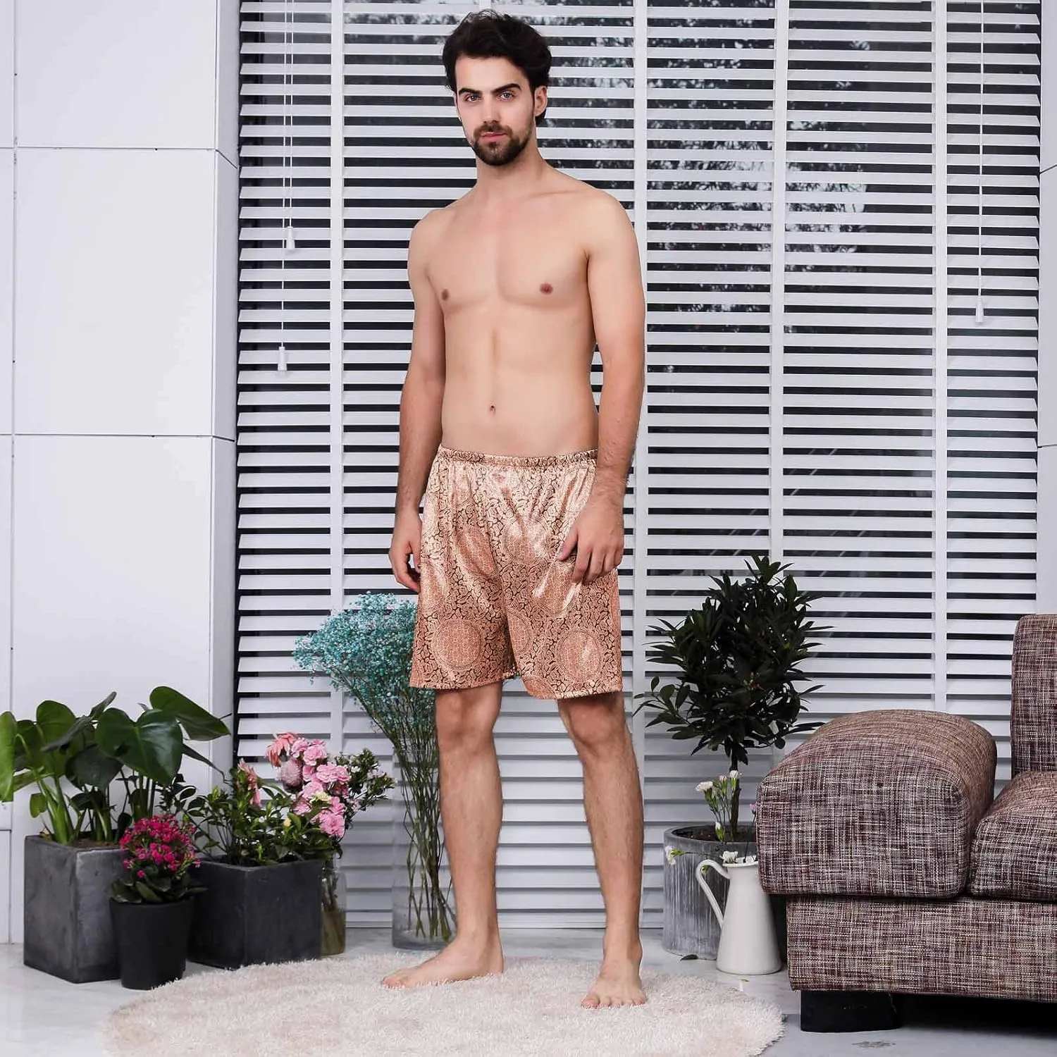 Mens Satin Boxer Shorts Sleepwear Elastic Waist Lounge Fashion Print Satin Pajama Bottom Underwear Silk Sleep Shorts