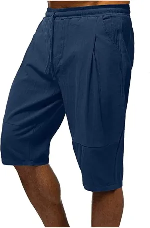 Mens Shorts Cotton Linen Beach Yoga Pants Below Knee Length Casual Loose Fit Canvas Utility Hiker Shorts