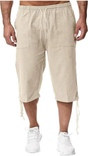 Mens Shorts Cotton Linen Beach Yoga Pants Below Knee Length Casual Loose Fit Canvas Utility Hiker Shorts